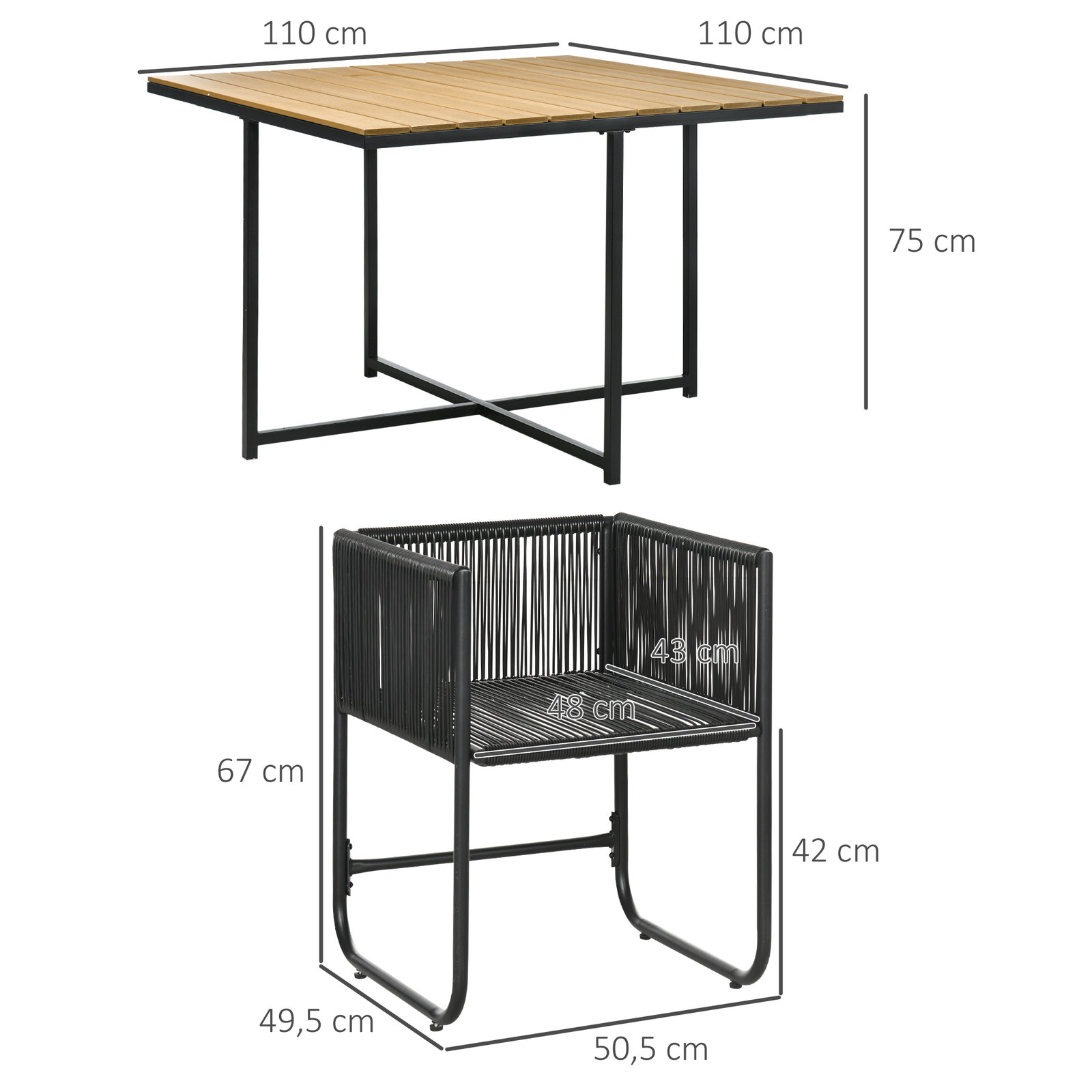 Conjunto de jardim de vime sintético 5 peças com mesa quadrada e 4 cadeiras almofadas preto e madeira