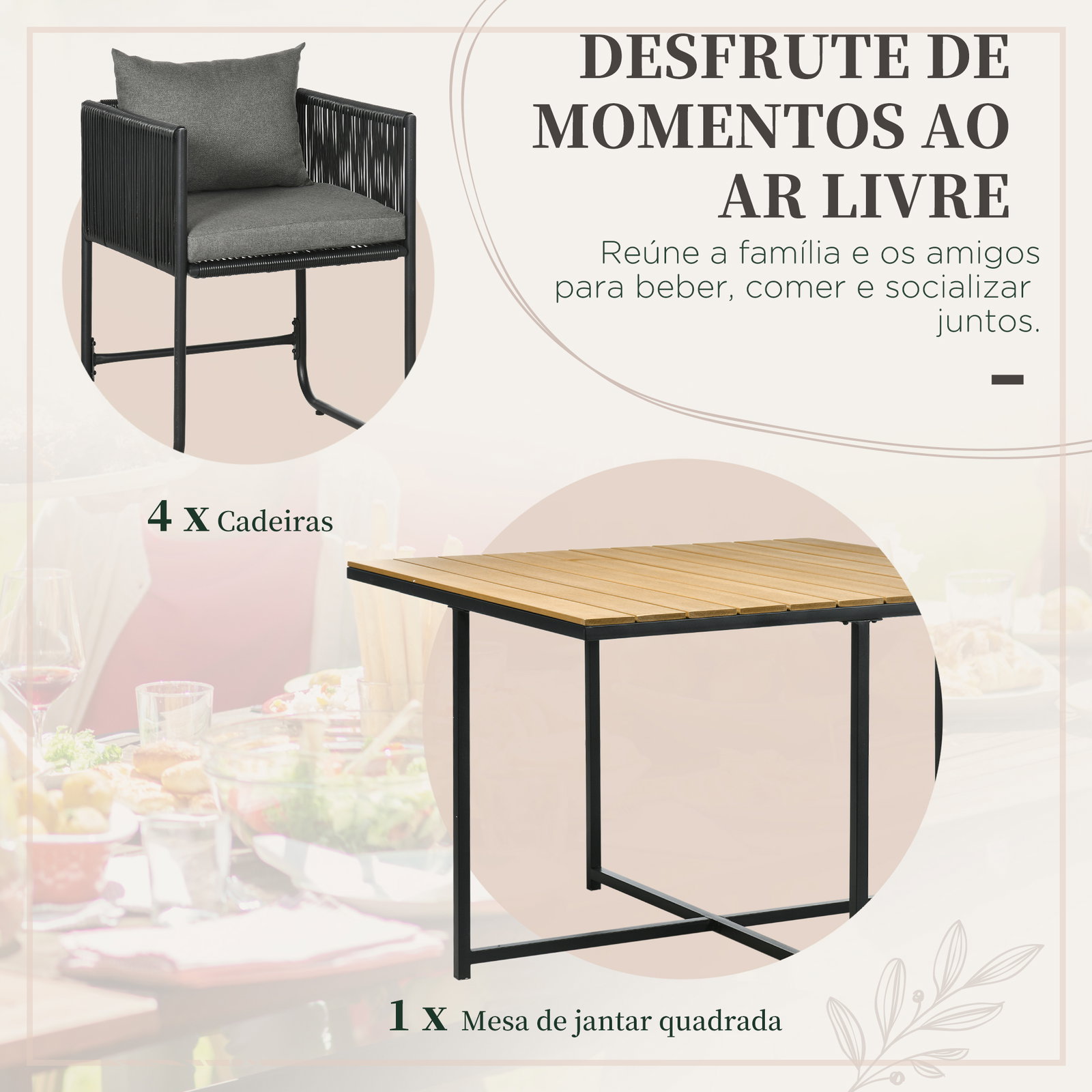 Conjunto de jardim de vime sintético 5 peças com mesa quadrada e 4 cadeiras almofadas preto e madeira