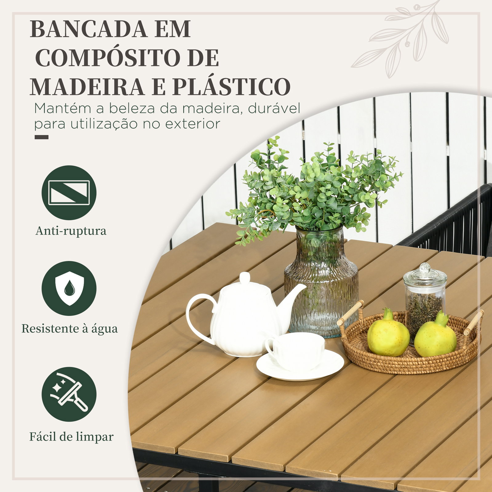 Conjunto de jardim de vime sintético 5 peças com mesa quadrada e 4 cadeiras almofadas preto e madeira