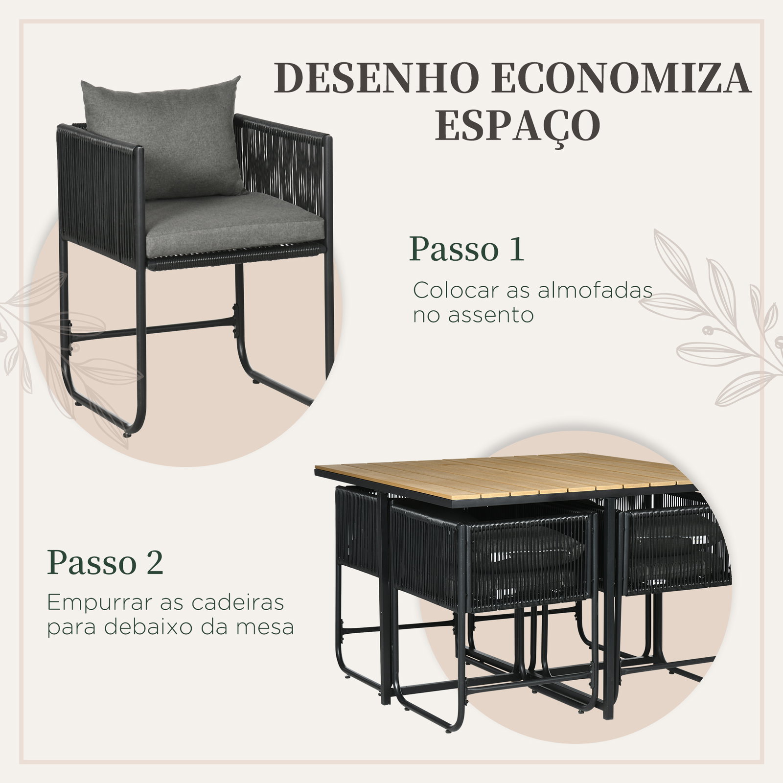 Conjunto de jardim de vime sintético 5 peças com mesa quadrada e 4 cadeiras almofadas preto e madeira