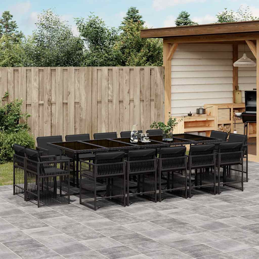 15 Pcs conjunto de jantar p/jardim com almofadões vime PE preto