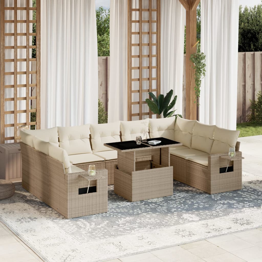 10 Pcs conjunto de sofás p/ jardim com almofadões vime PE bege