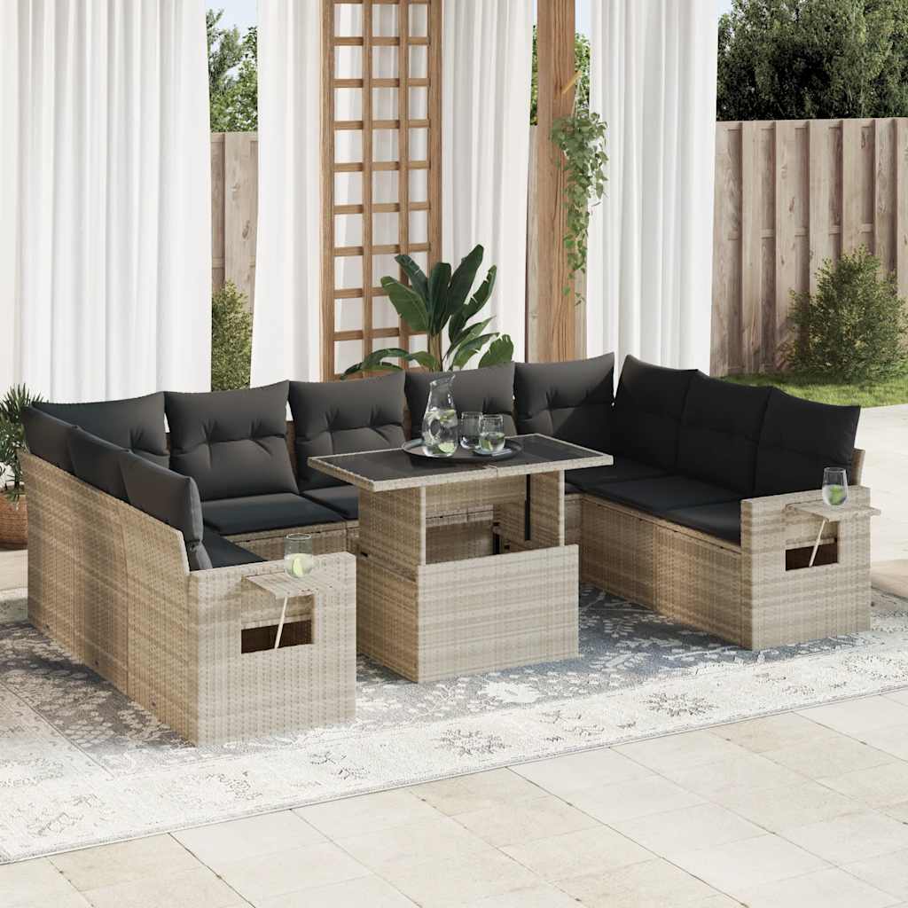10 Pcs conj. sofás jardim com almofadões vime PE cinzento-claro