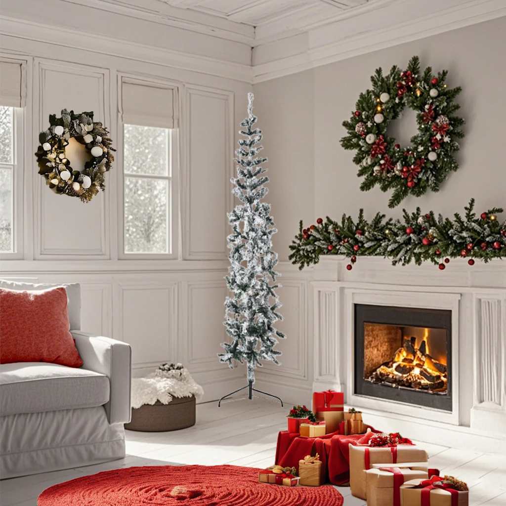 Meia árvore de natal fina com flocos de neve 180 cm