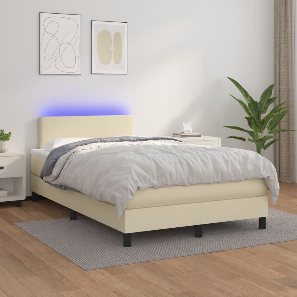 Cama box spring c/ colchão/LED 120x200cm couro artificial creme