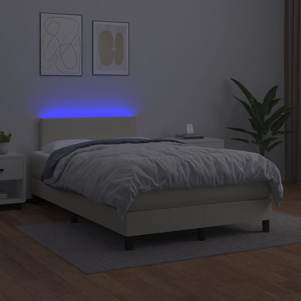Cama box spring c/ colchão/LED 120x200cm couro artificial creme