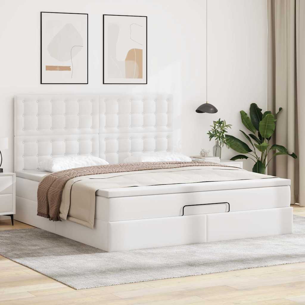 Estrutura de cama otomana com colchão branco couro falso