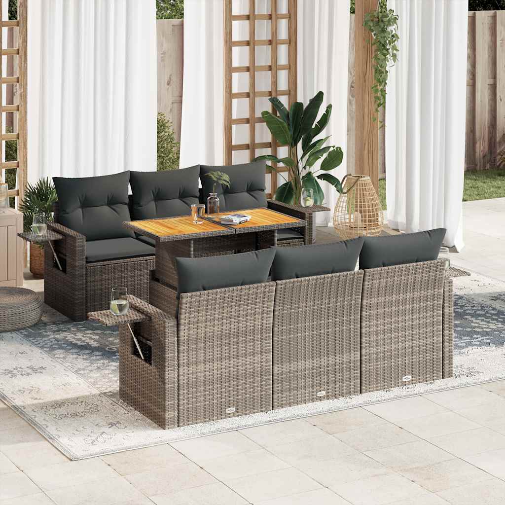 7 Pcs conjunto sofás p/ jardim c/ almofadões vime PE cinzento