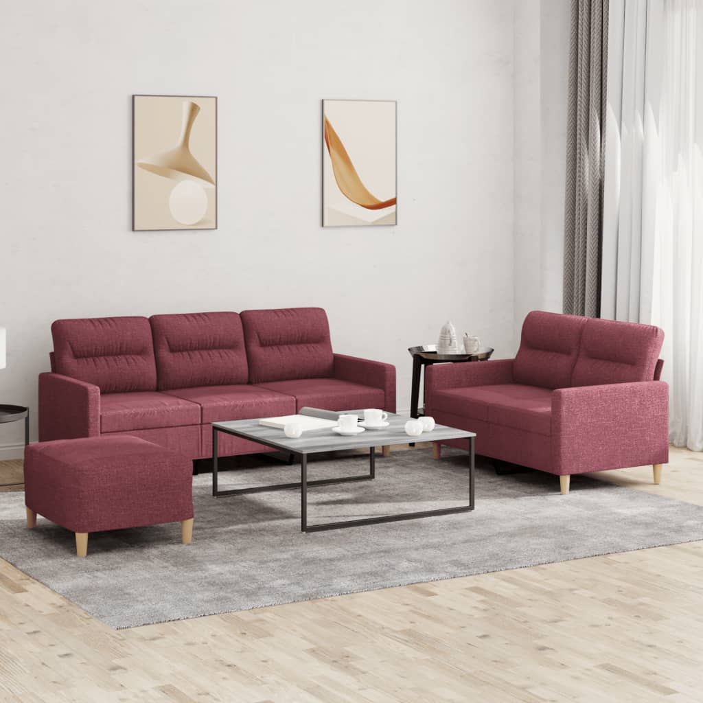 3 Pcs conjunto de sofás com almofadões tecido vermelho tinto