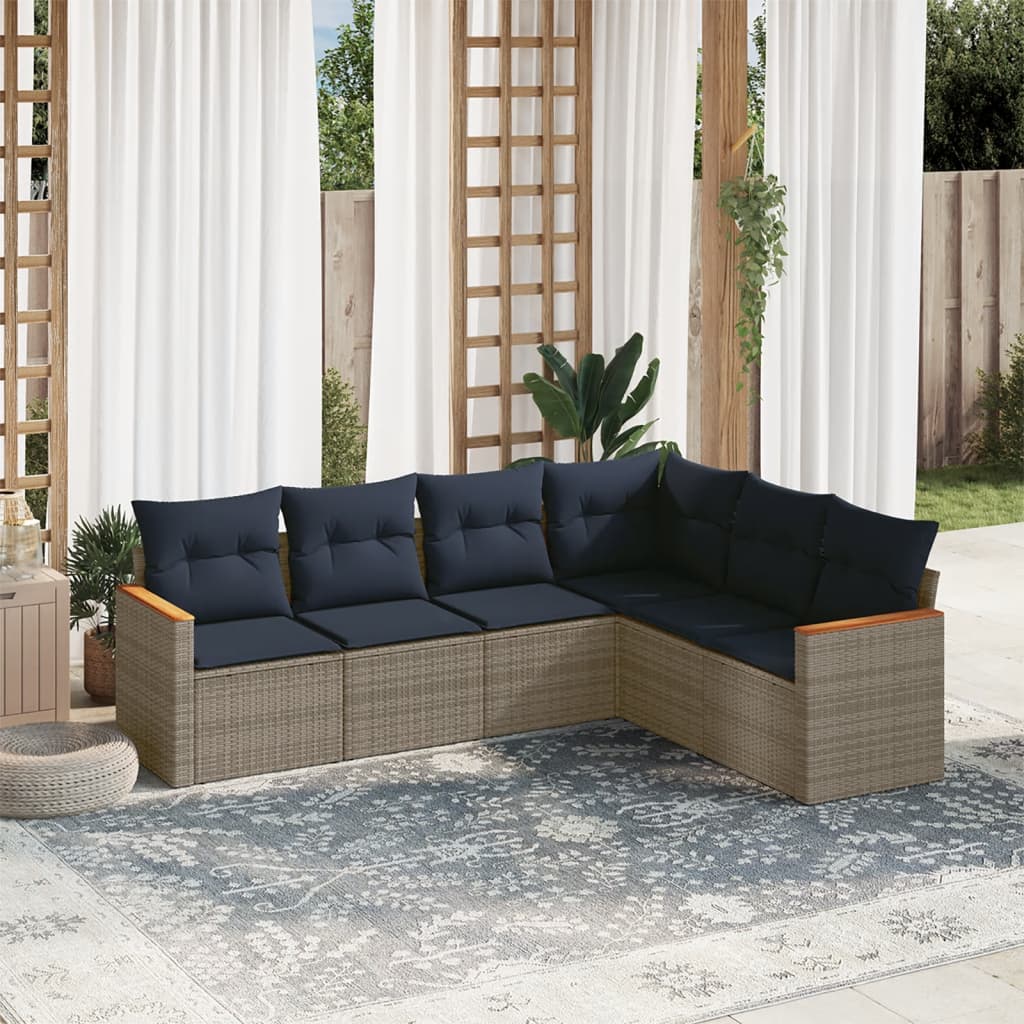 Conjunto de sofá de jardim com 6 peças e almofadas em rattan sintético cinza