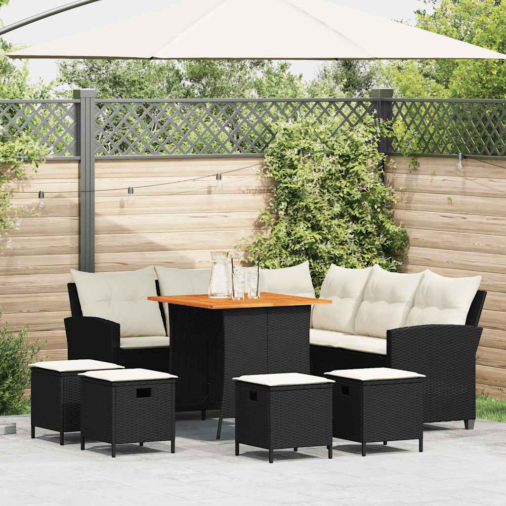 6Pcs conjunto sofás de jardim com almofadões em l vime PE preto