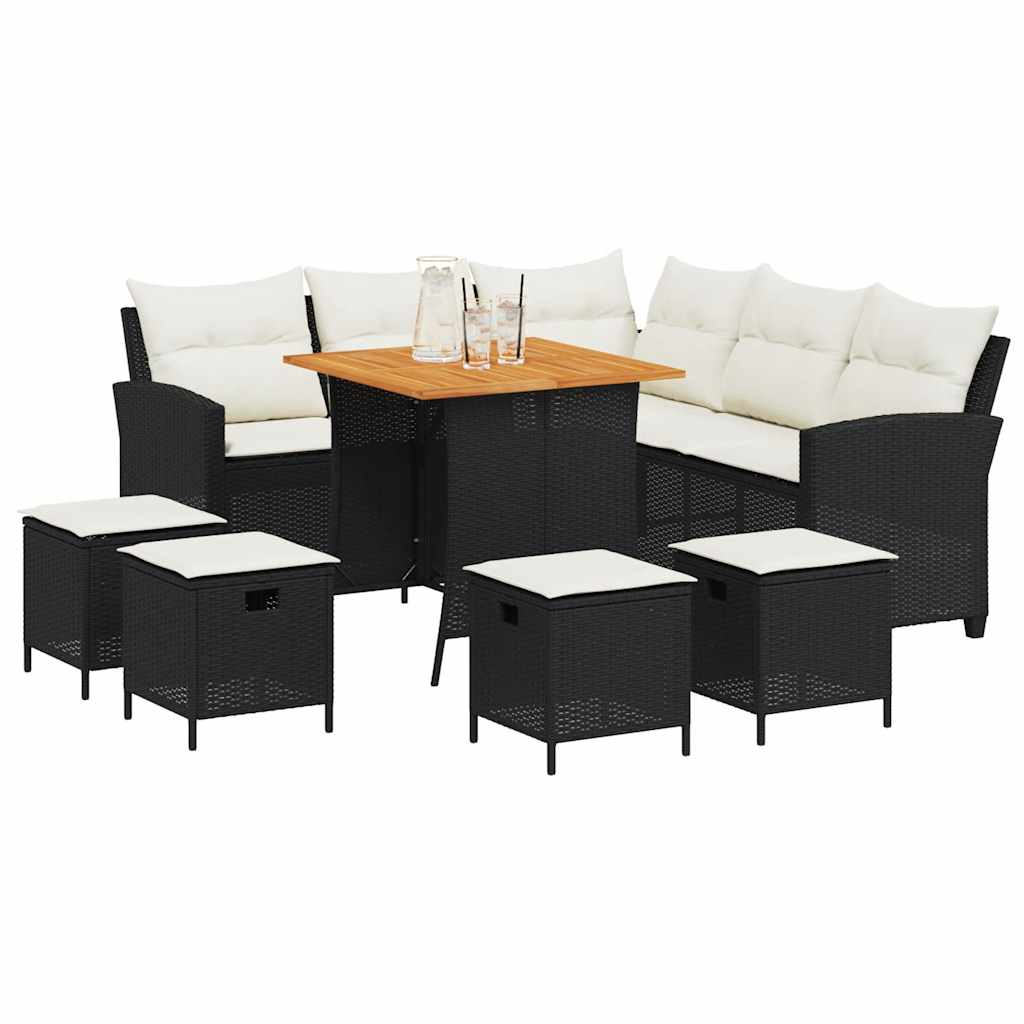 6Pcs conjunto sofás de jardim com almofadões em l vime PE preto