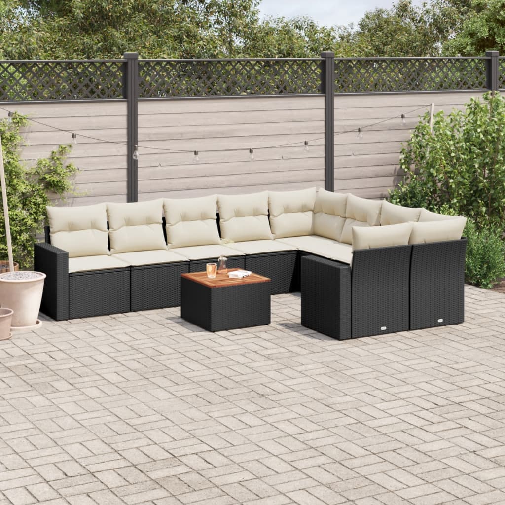 10 Pcs conjunto sofás de jardim c/ almofadões vime PE preto