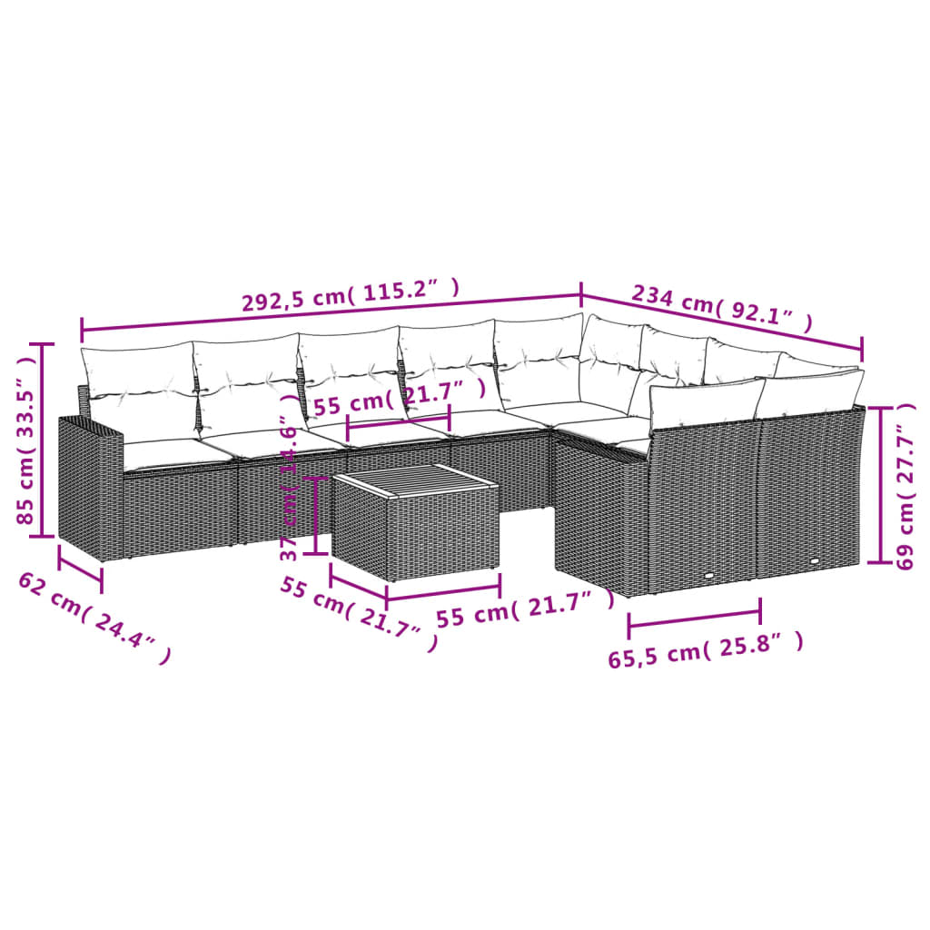 10 Pcs conjunto sofás de jardim c/ almofadões vime PE preto