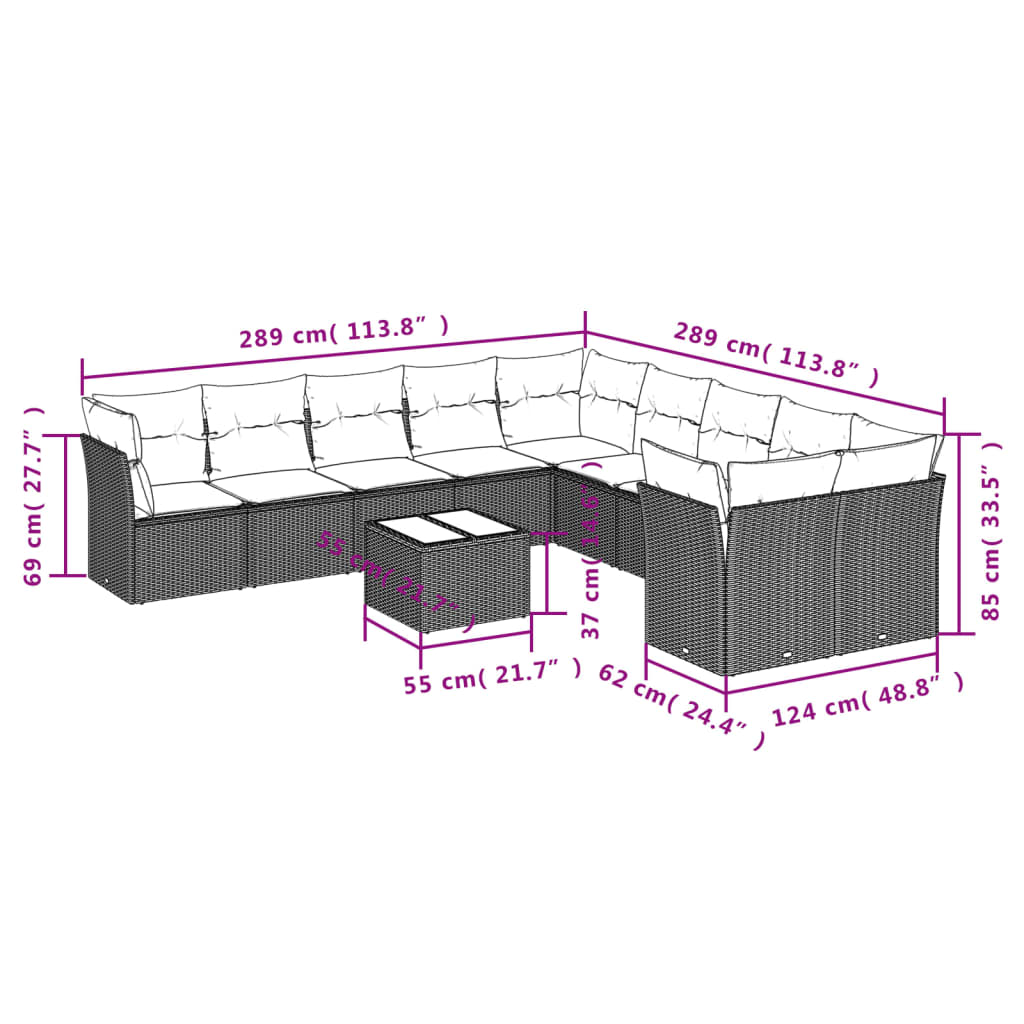 11 Pcs conjunto sofás de jardim c/ almofadões vime PE castanho