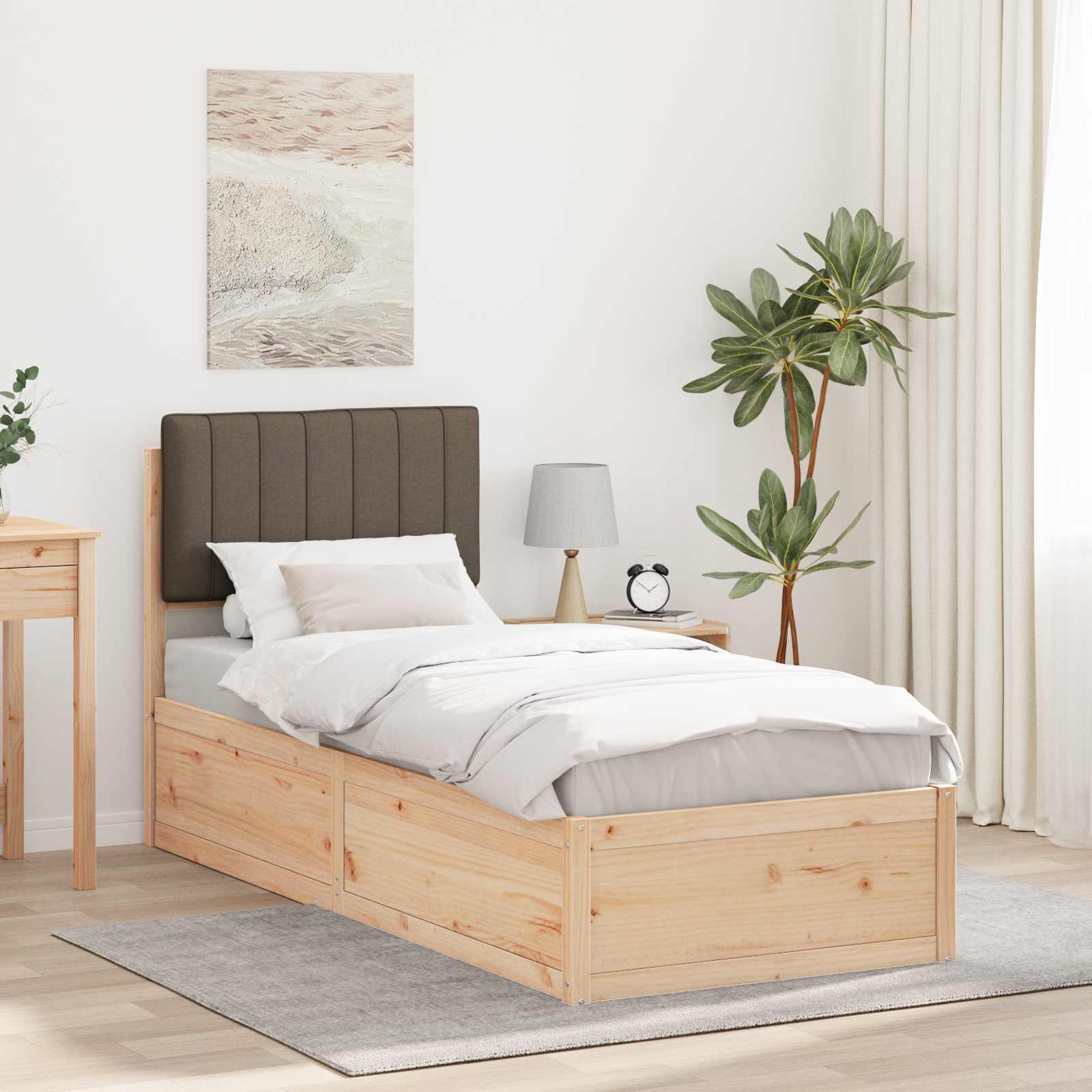 Estrutura de cama com cabeceira estofada cinzento-acastanhado