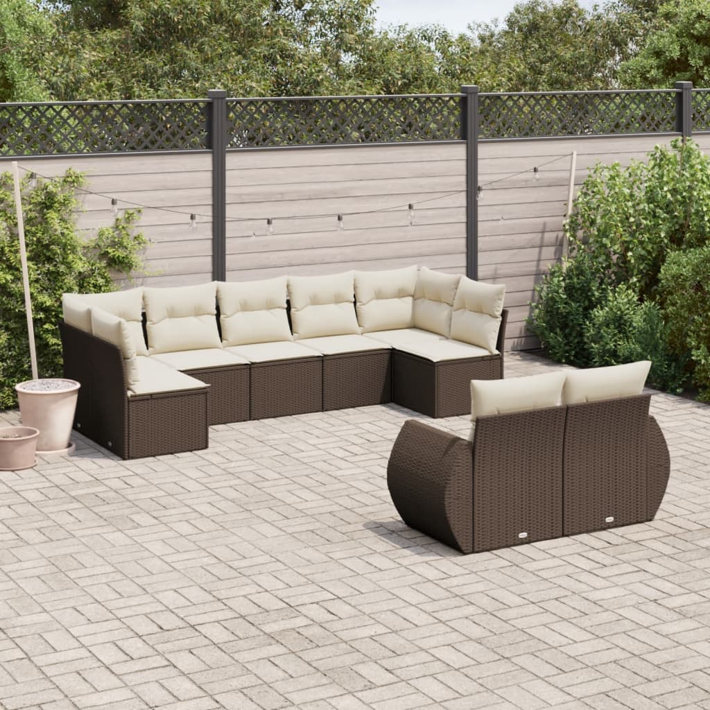 9 Pcs conjunto sofás p/ jardim c/ almofadões vime PE castanho