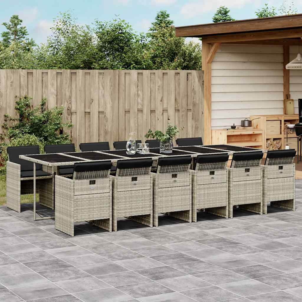 13 Pcs conj. jantar jardim c/ almofadões vime PE cinzento-claro