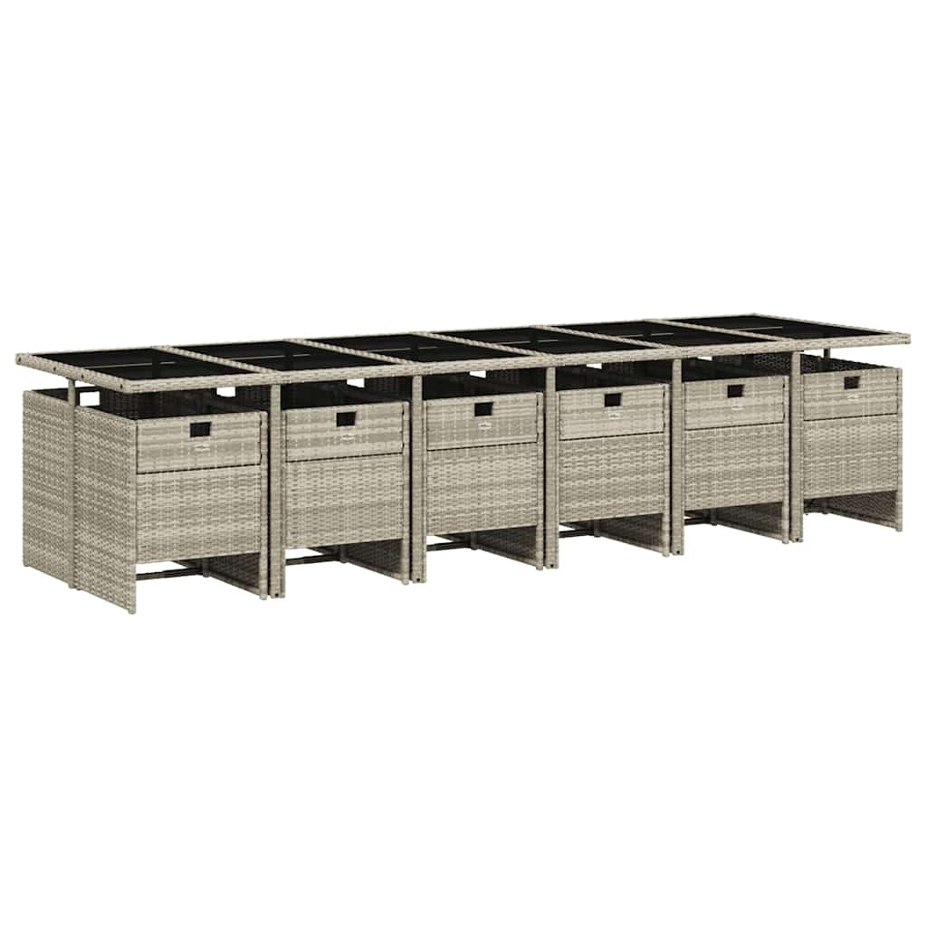 13 Pcs conj. jantar jardim c/ almofadões vime PE cinzento-claro