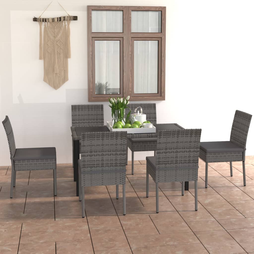 7 Pcs conjunto de jantar para jardim vime PE cinzento