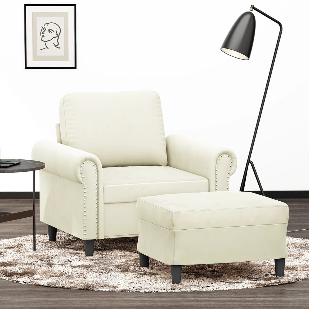 Poltrona com apoio de pés 60 cm veludo cor creme