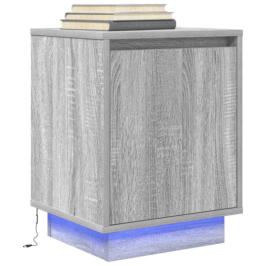 Mesa de cabeceira com luzes LED 38x34x50 cm cinzento-sonoma