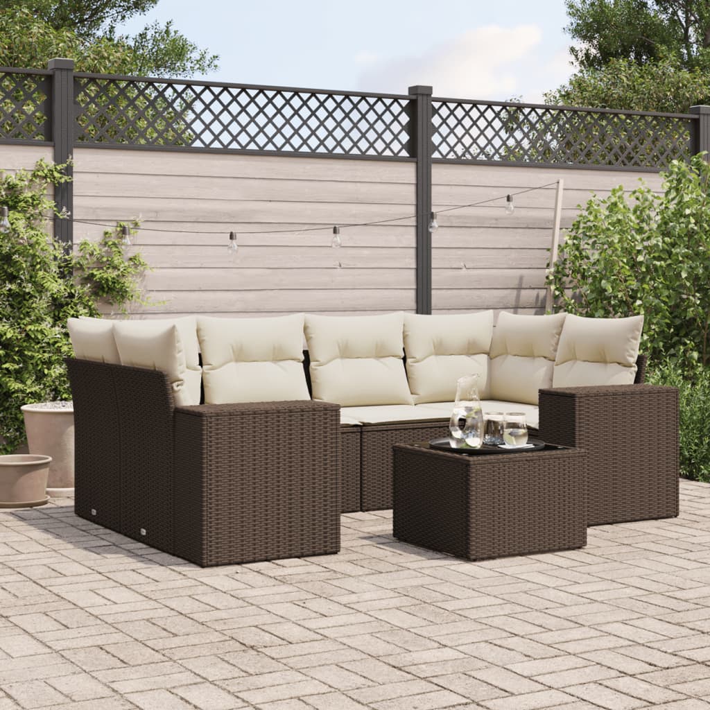 7 Pcs conjunto de sofás jardim c/ almofadões vime PE castanho