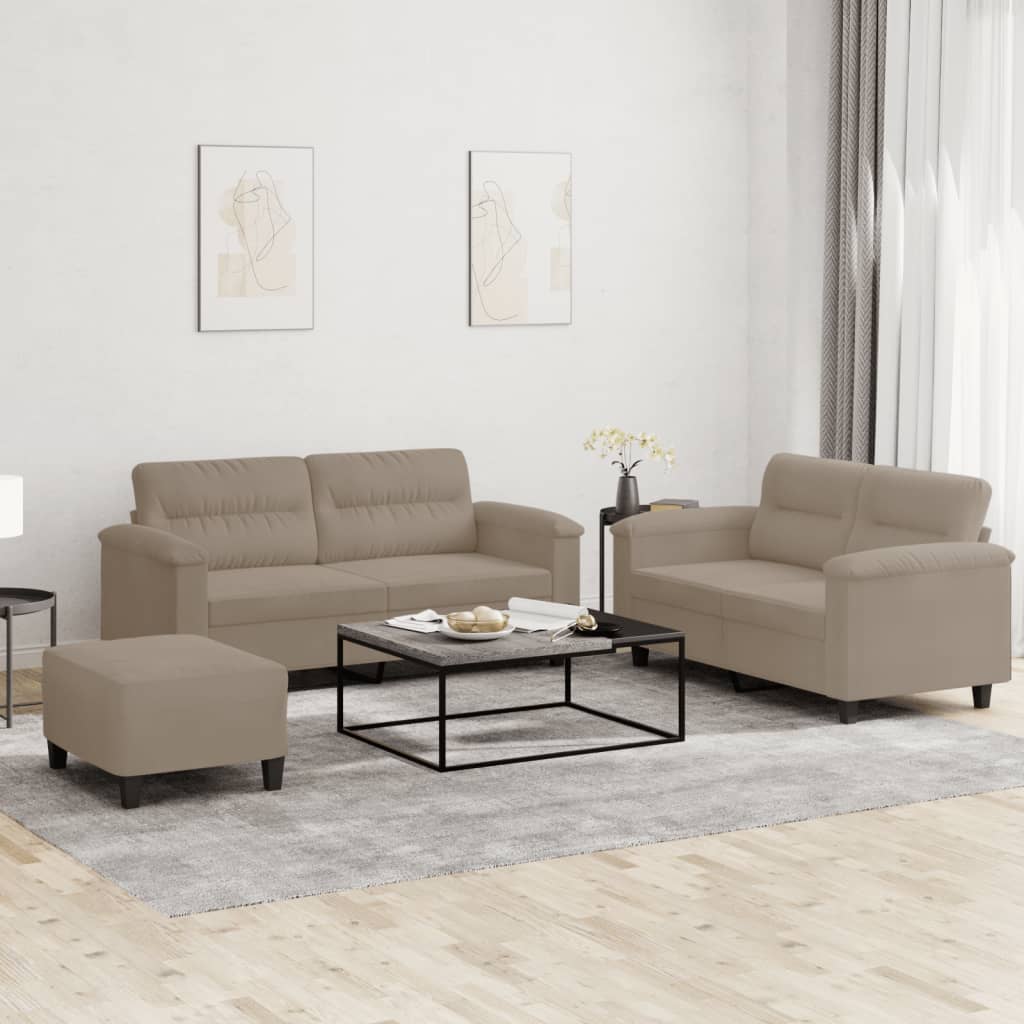 3 Pcs conjunto sofás c/ almofadões microfibra cinza-acastanhado