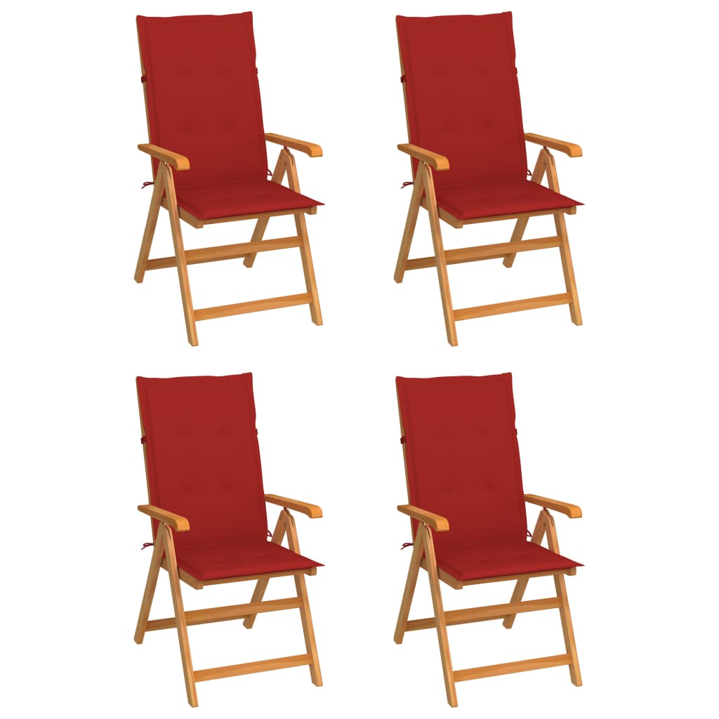Cadeiras de jardim c/ almofadões vermelhos 4 pcs teca maciça
