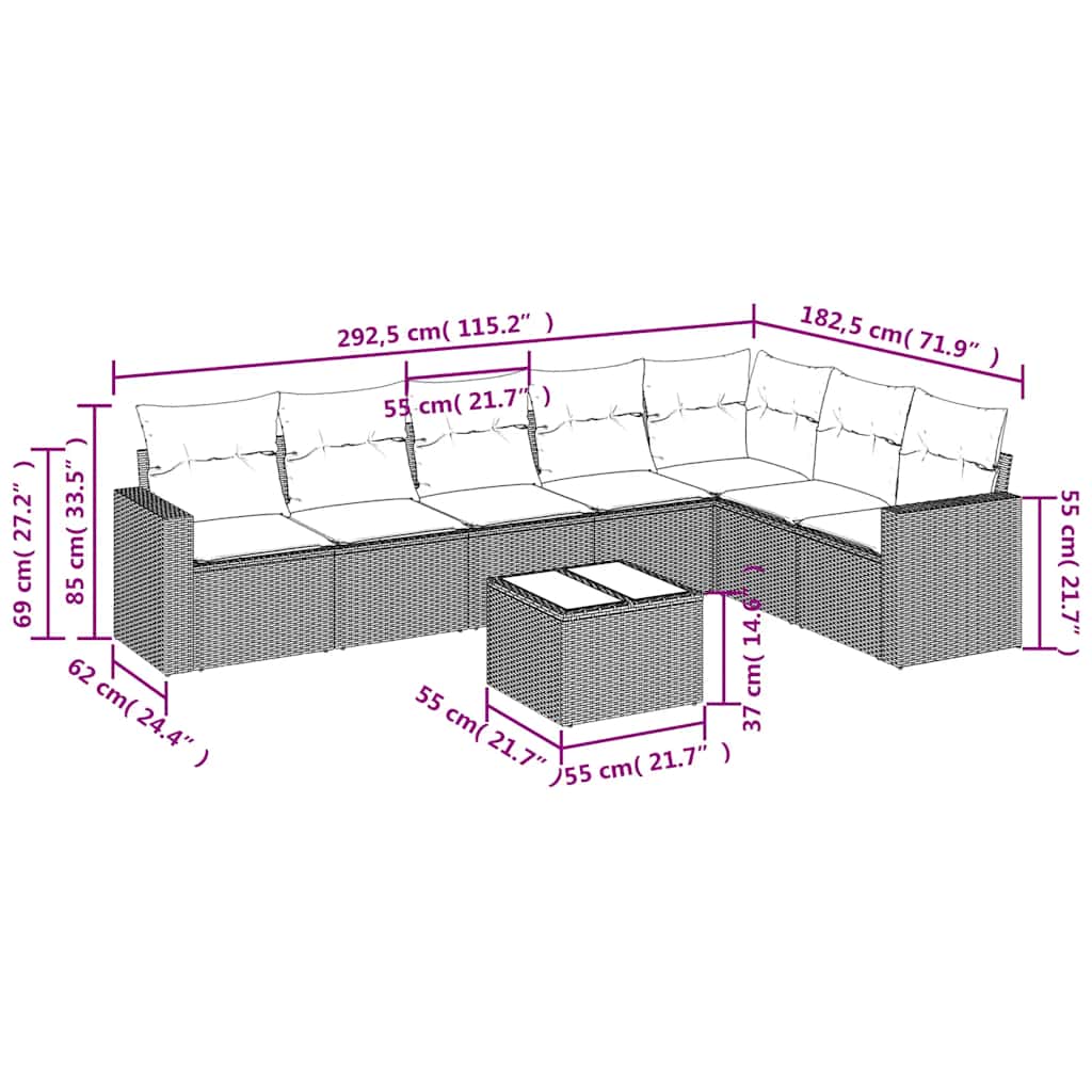 8 Pcs conjunto sofás de jardim com almofadões vime PE preto
