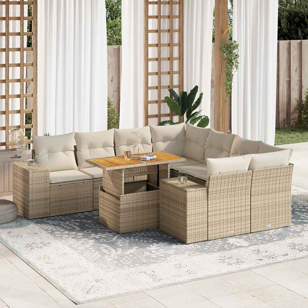 9 Pcs conjunto de sofás p/ jardim com almofadões vime PE bege