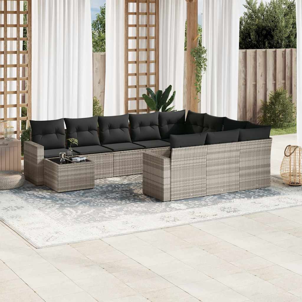 11 Pcs conjunto sofás de jardim c/ almofadões vime PE cinzento