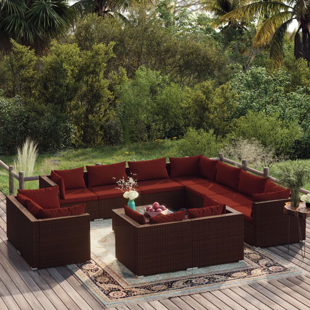 12 Pcs conjunto lounge jardim c/ almofadões vime PE castanho