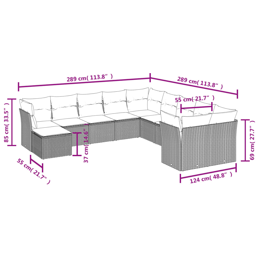 11 Pcs conjunto sofás de jardim c/ almofadões vime PE cinzento