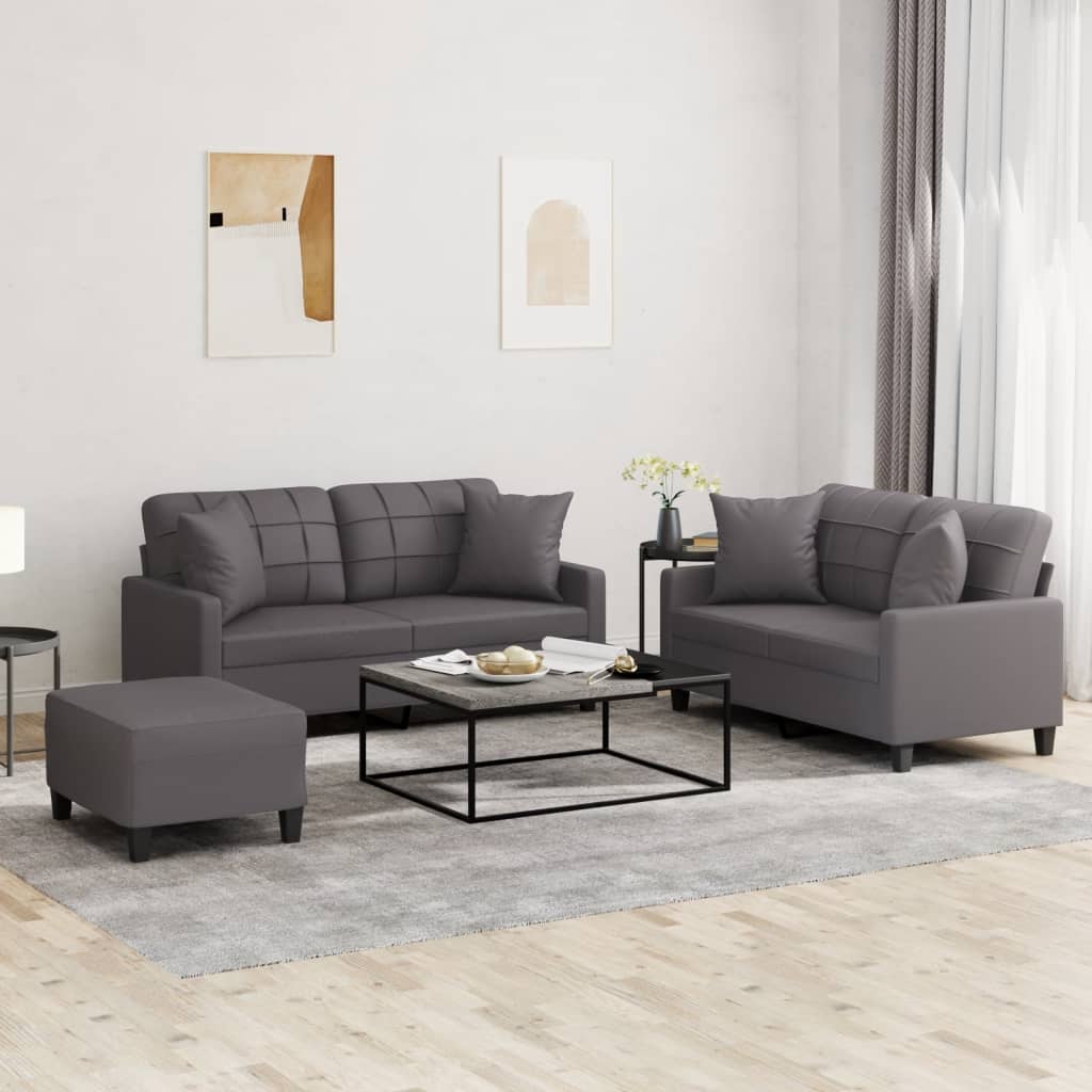 3 Pcs conjunto de sofás com almofadas couro artificial cinzento