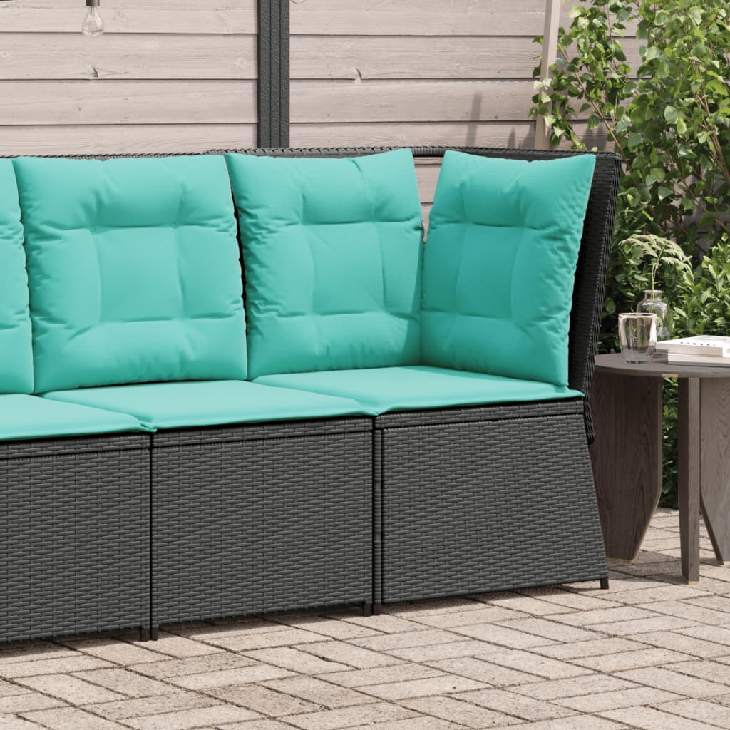 Sofá de canto para jardim com almofadas, em rattan sintético preto