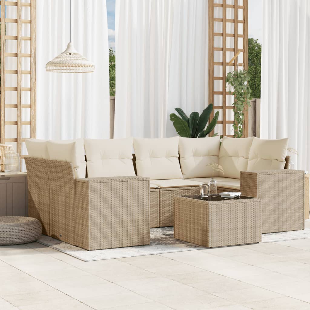 7 Pcs conjunto de sofás p/ jardim com almofadões vime PE bege