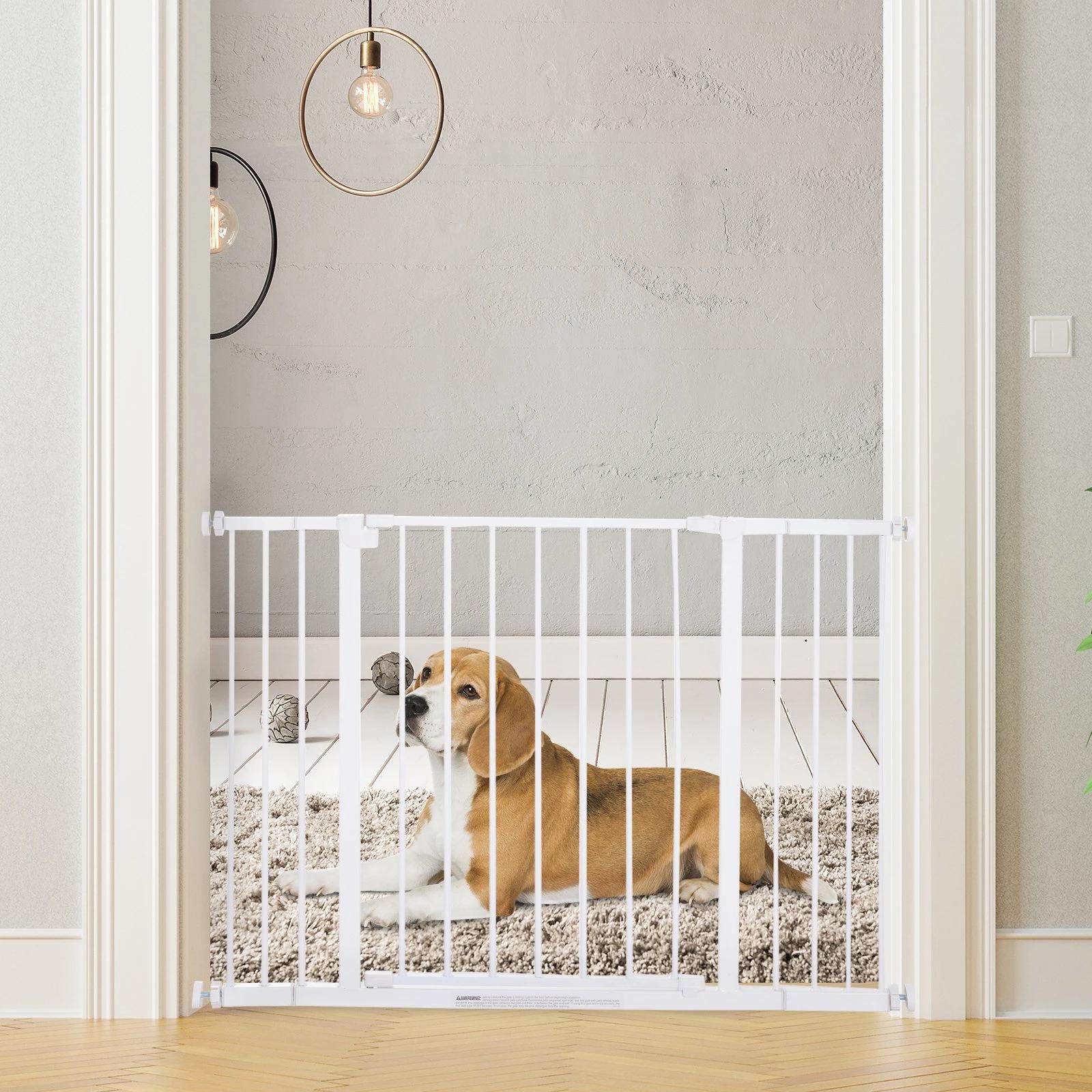 Barreira de segurança para animais de estimação extensível para escadas e portas barreira de segurança para cães 76-107x76 cm branco