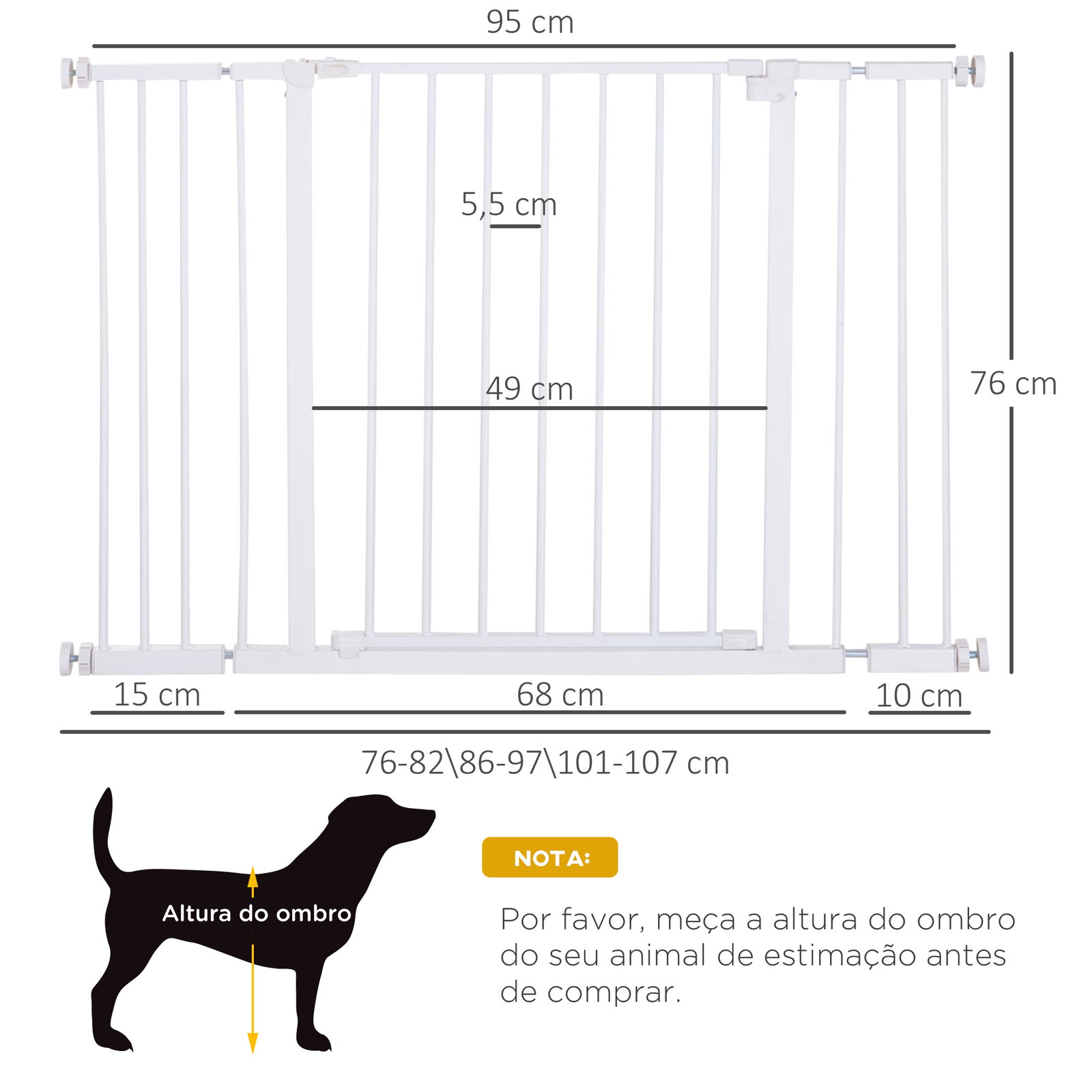 Barreira de segurança para animais de estimação extensível para escadas e portas barreira de segurança para cães 76-107x76 cm branco