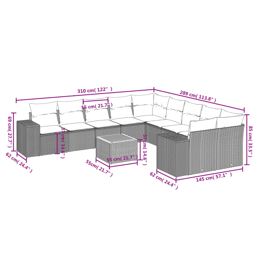 11 Pcs conjunto sofás de jardim c/ almofadões vime PE preto
