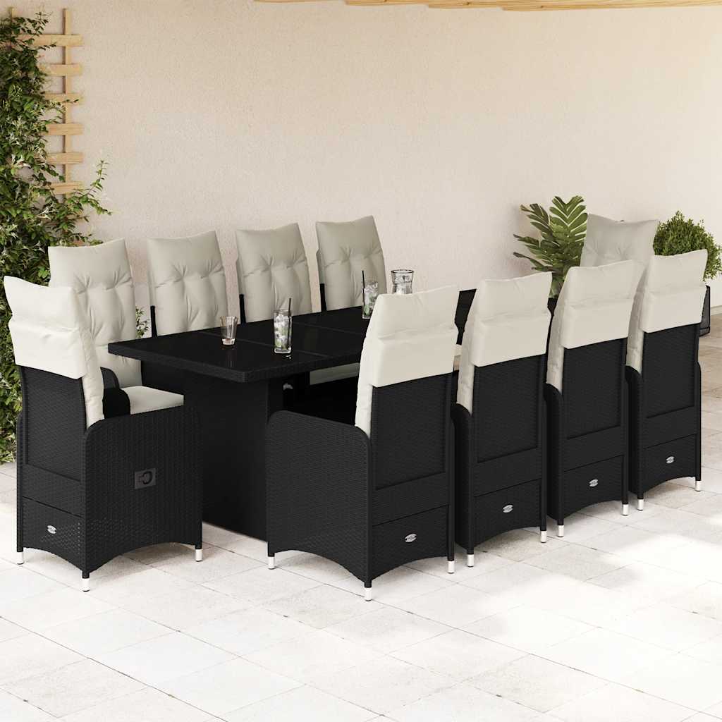 11 Pcs conjunto de bistrô p/ jardim c/ almofadões vime PE preto