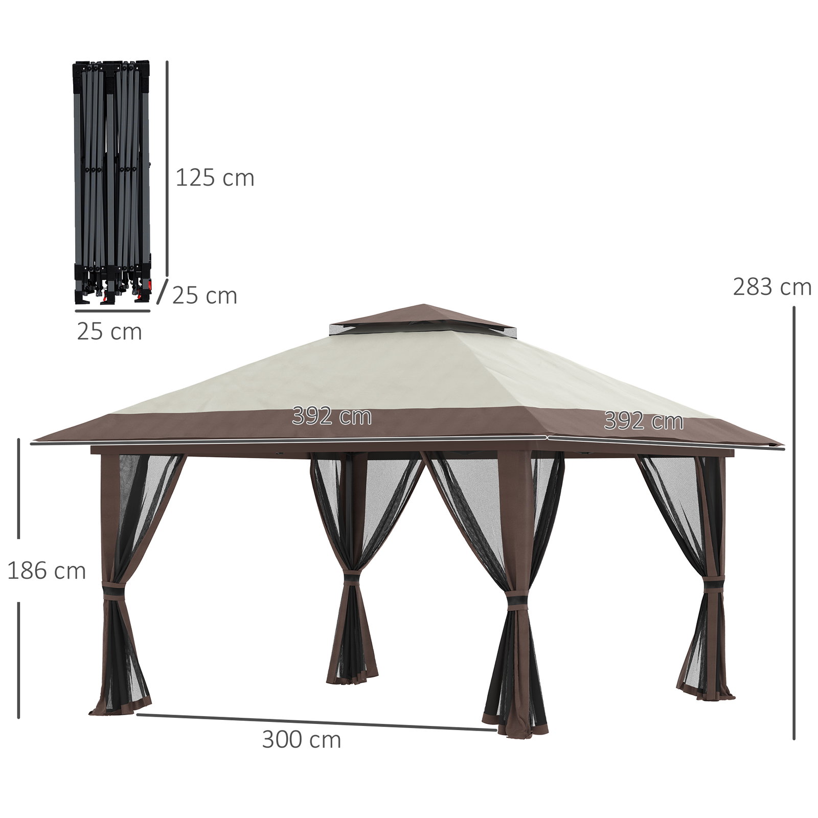 Tenda dobrável pop-up 3,92x3,92x2,83 m com altura ajustável proteção uv50+ rede mosquiteira e bolsa de transporte bege e marrom
