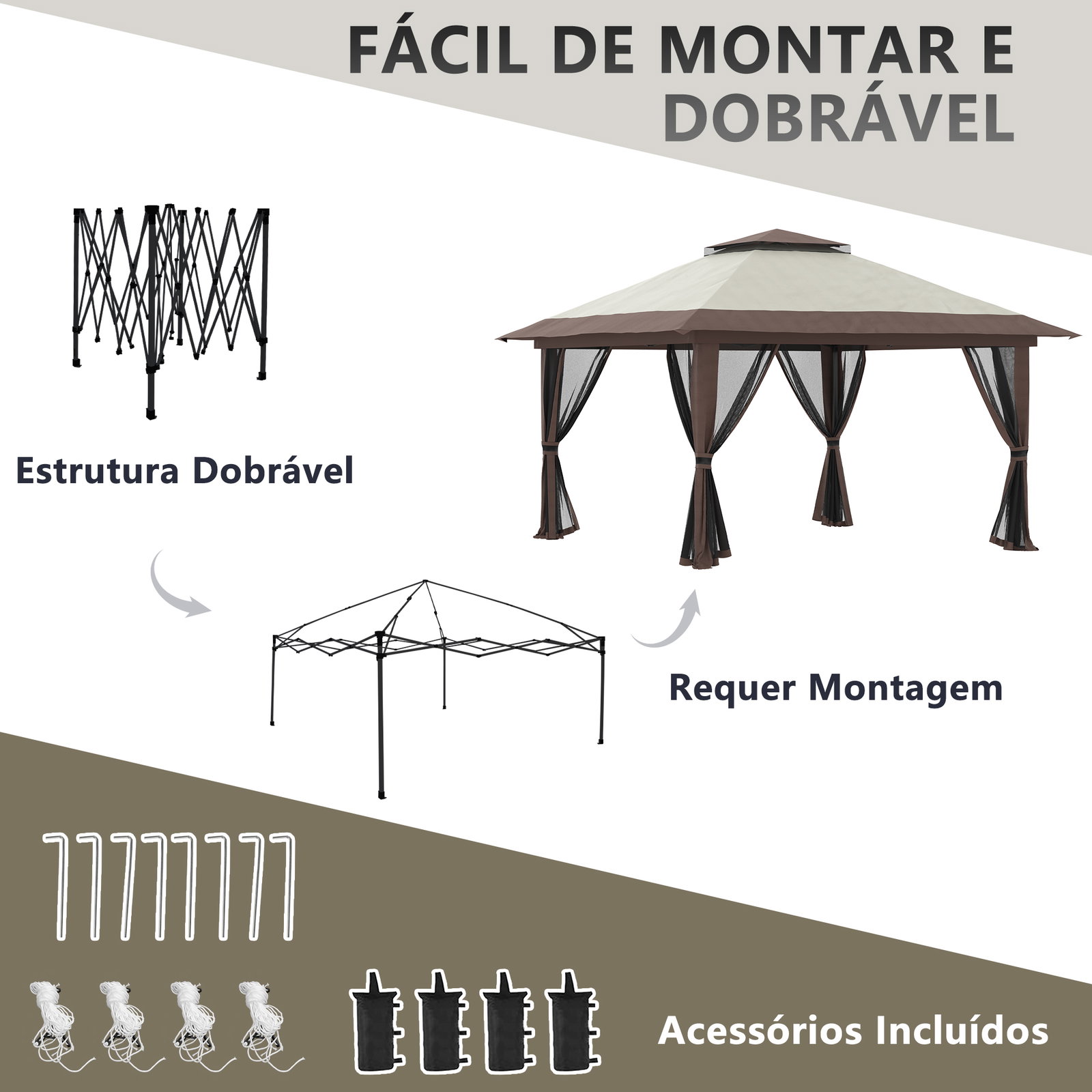 Tenda dobrável pop-up 3,92x3,92x2,83 m com altura ajustável proteção uv50+ rede mosquiteira e bolsa de transporte bege e marrom