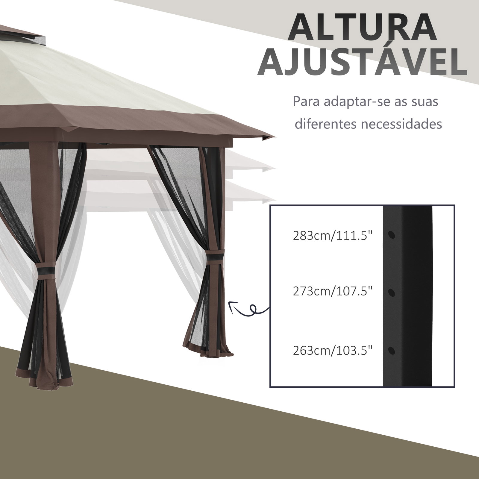 Tenda dobrável pop-up 3,92x3,92x2,83 m com altura ajustável proteção uv50+ rede mosquiteira e bolsa de transporte bege e marrom