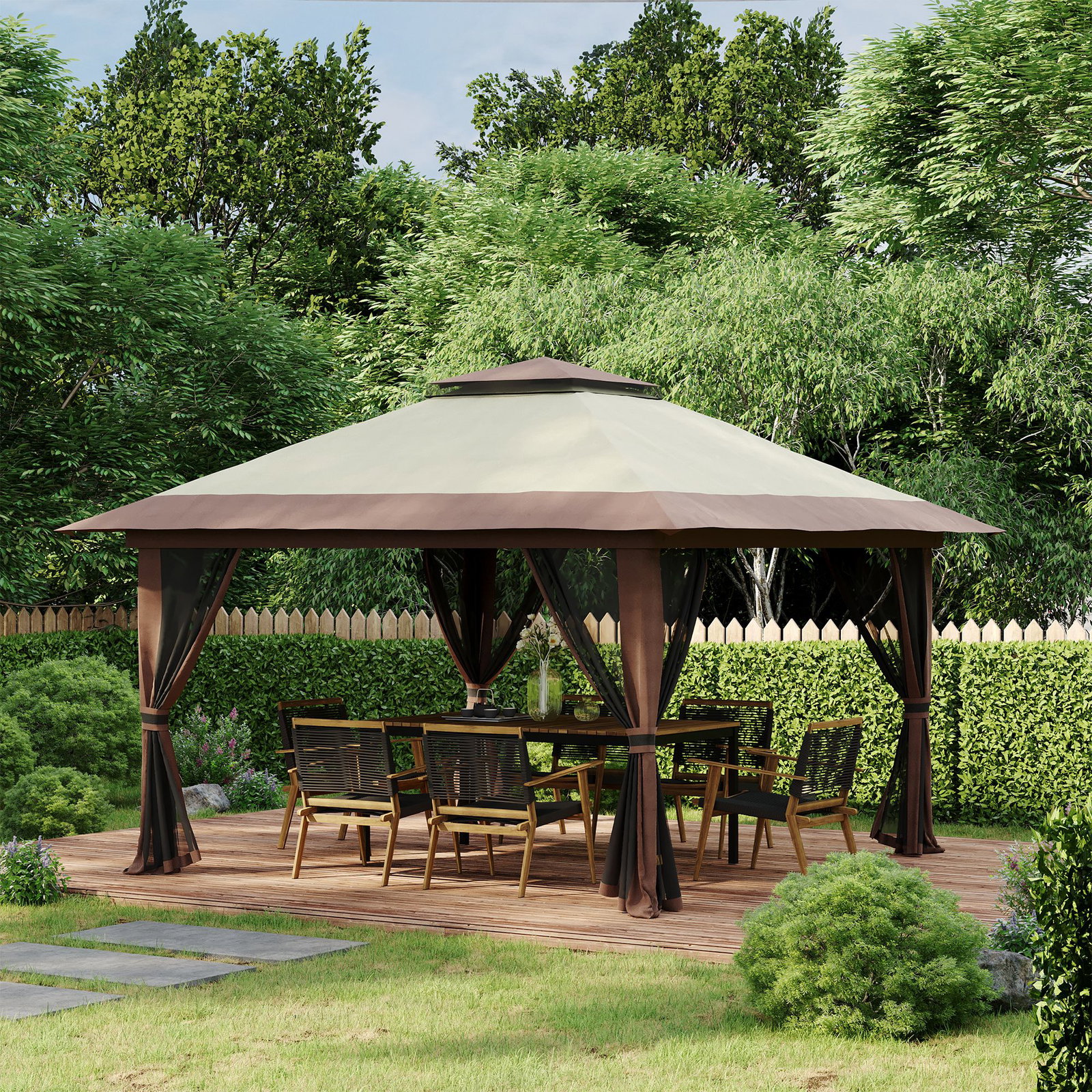 Tenda dobrável pop-up 3,92x3,92x2,83 m com altura ajustável proteção uv50+ rede mosquiteira e bolsa de transporte bege e marrom
