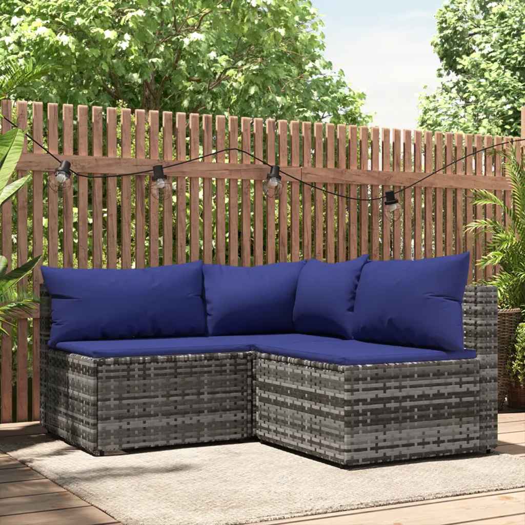 3 Pcs conjunto lounge de jardim c/ almofadões vime PE cinzento