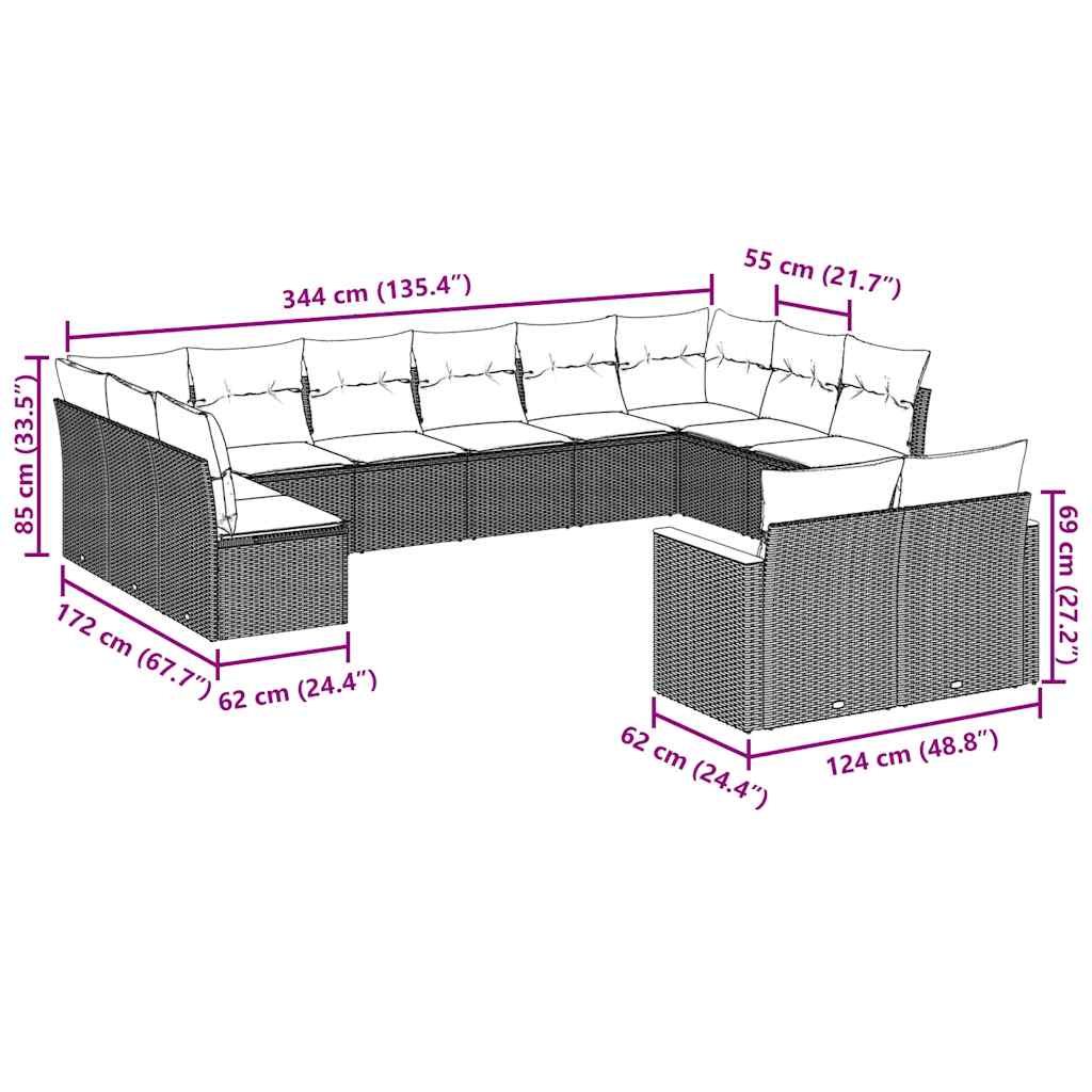 12 Pcs conjunto de sofás de jardim c/ almofadões vime PE preto
