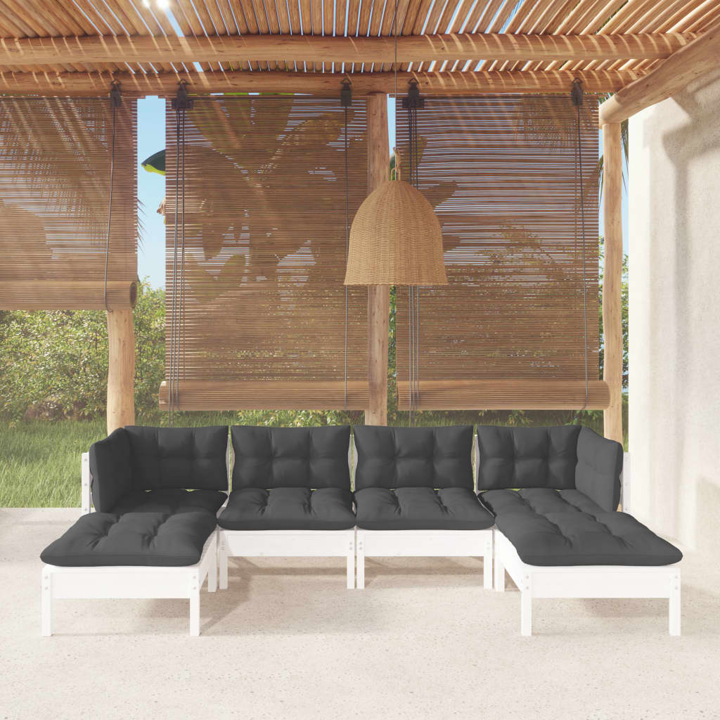 6 Pcs conjunto lounge de jardim c/ almofadões pinho branco