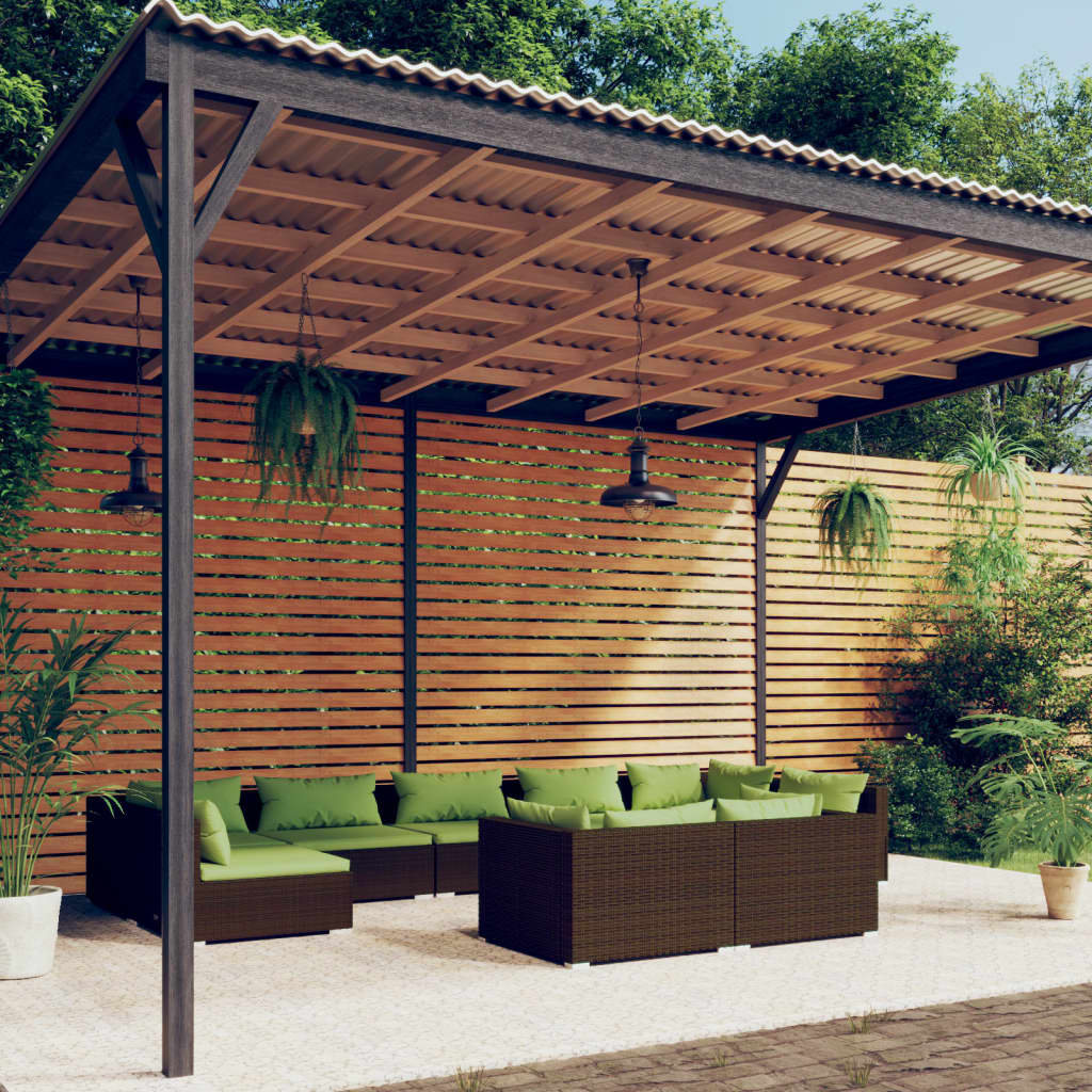 9 Pcs conjunto lounge de jardim c/ almofadões vime PE castanho