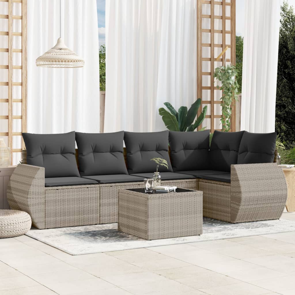 6 Pcs conj. sofás jardim com almofadões vime PE cinzento-claro